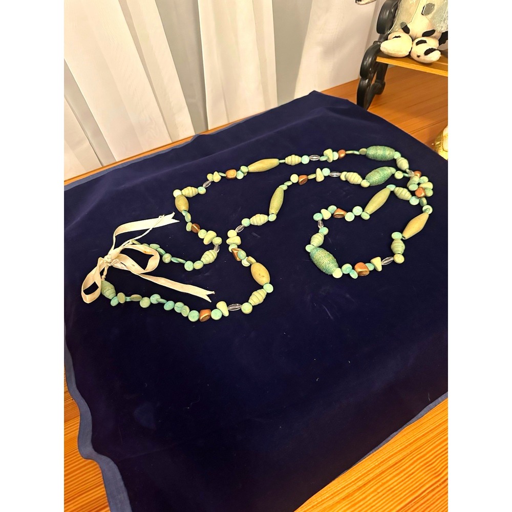 Long Bohemian Beaded Strand Necklace Blue/Beige/Copper w/ Adjustable Ribbon Tie